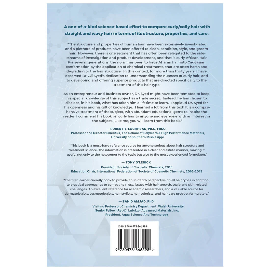 Back cover of Curly Hair: Structure, Properties, and Care by Dr. Ali N. Syed